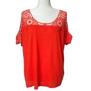 Express Womens Short Sleeve Shirt Crochet Cold Shoulder Pullover Orange, Size L